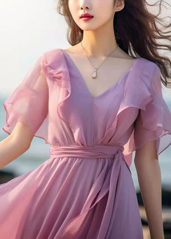 French Pink Tie Waist Patchwork Chiffon Dresses Butterfly Sleeve XX057 SH-LF-SDL240611