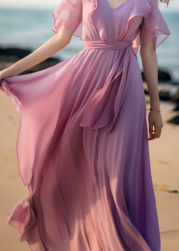 French Pink Tie Waist Patchwork Chiffon Dresses Butterfly Sleeve XX057 SH-LF-SDL240611