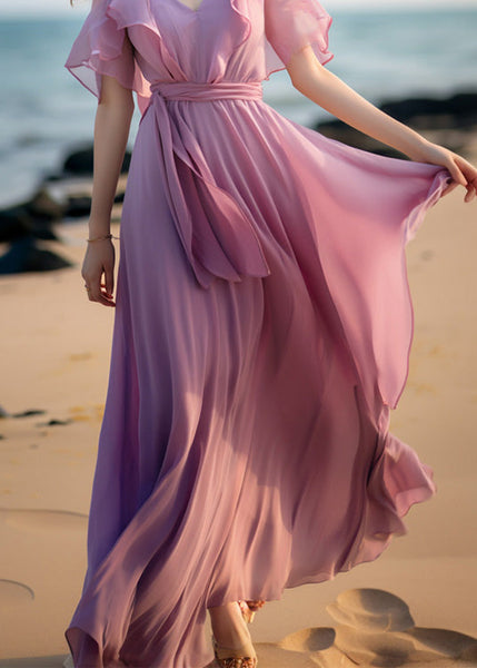 French Pink Tie Waist Patchwork Chiffon Dresses Butterfly Sleeve XX057 SH-LF-SDL240611