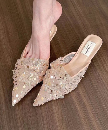 French Pink Tulle Sequins Kitten Slide Sandals Pointed Toe JJ060 Shoe-LT240609