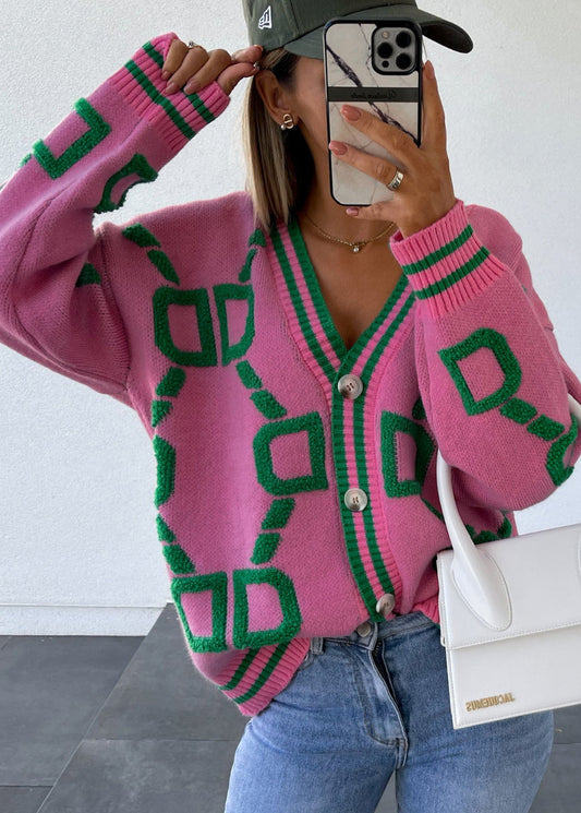 French Pink V Neck Graphic Embroidered Knit Cardigan Fall QY021 BB-ZS-WM-NCT241002