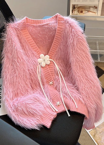 French Pink V Neck Tassel Mink Hair Knitted Cardigan Spring TN005 ABC