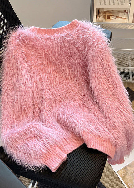 French Pink V Neck Tassel Mink Hair Knitted Cardigan Spring TN005 ABC