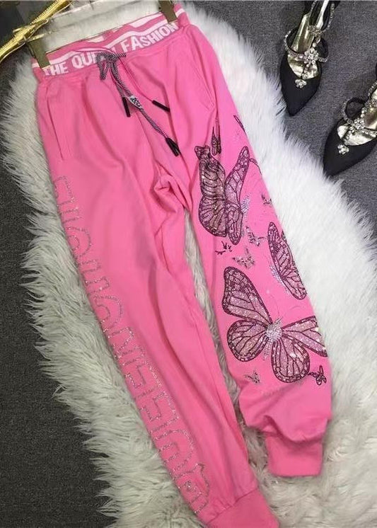 Fall French Pants Zircon Cotton Pink Butterfly FashionChic