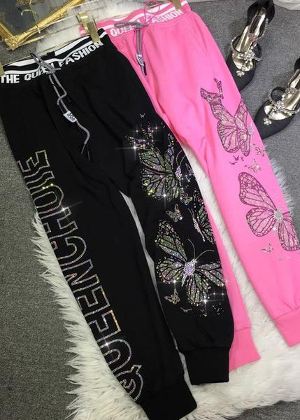 Fall French Pants Zircon Cotton Pink Butterfly FashionChic