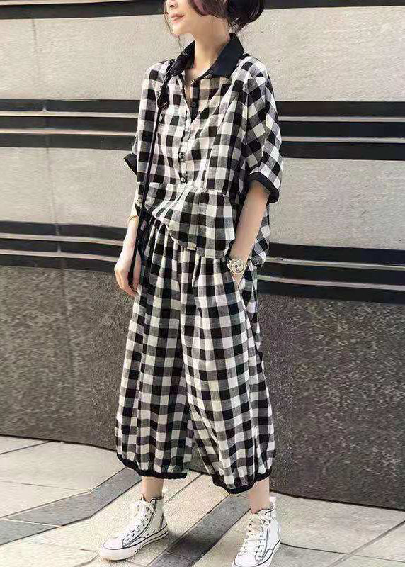 French Plaid Button Pockets Cotton Two Piece Set Half Sleeve AA1035 Ada Fashion