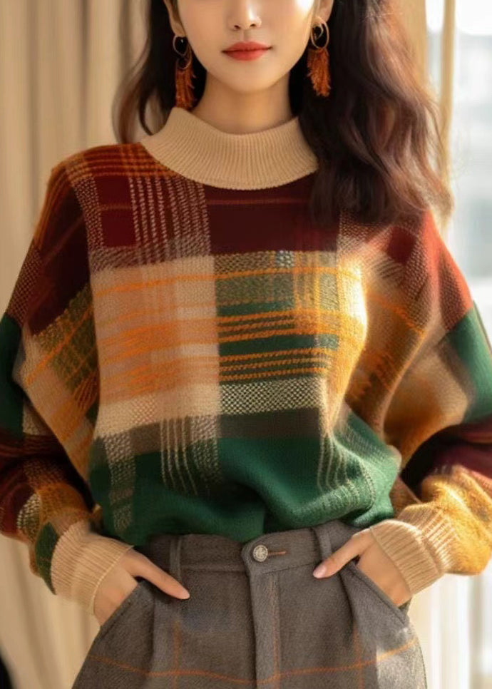 French Plaid Cozy Patchwork Wool Knit Sweaters Winter WK044 OM-SW241119