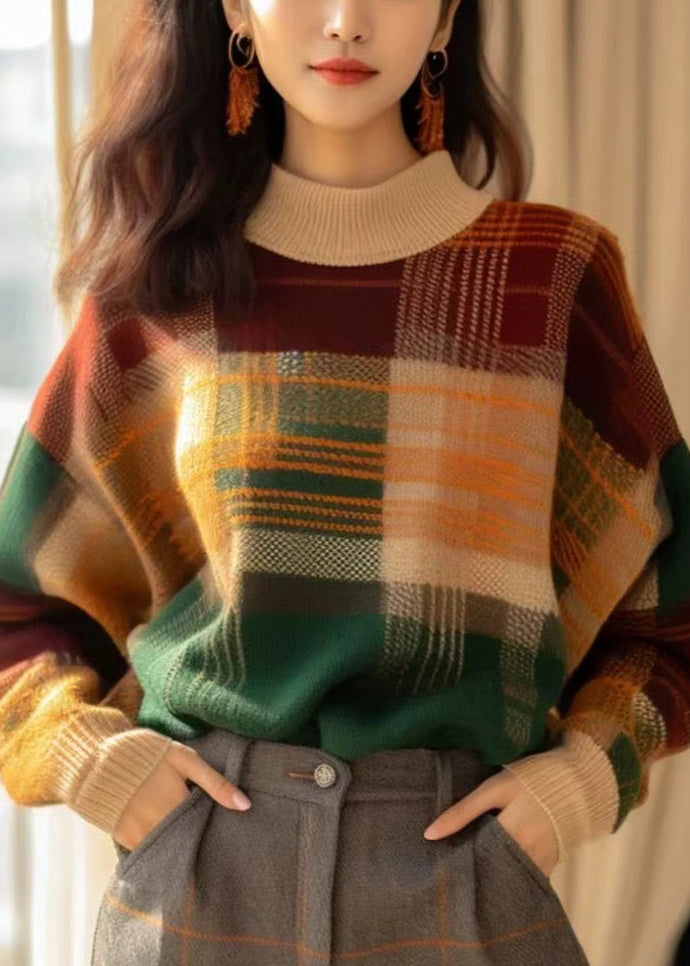 French Plaid Cozy Patchwork Wool Knit Sweaters Winter WK044 OM-SW241119
