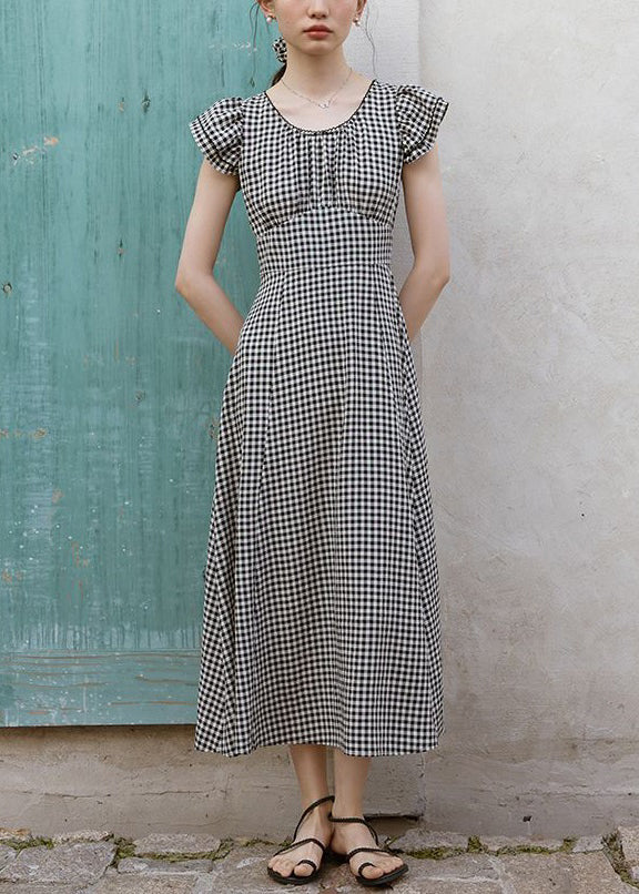 French Plaid O Neck High Waist Cotton Dresses Summer XX079 SH-LF-SDL240611