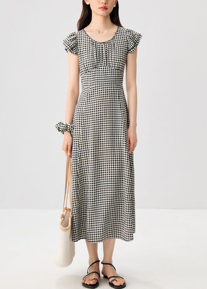 French Plaid O Neck High Waist Cotton Dresses Summer XX079 SH-LF-SDL240611