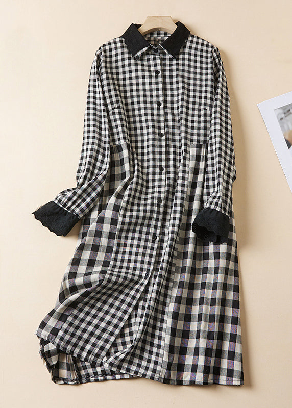 French Plaid Peter Pan Collar Button Linen Shirts Dress Long Sleeve GG064 MZF-FDL240610