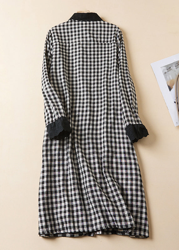 French Plaid Peter Pan Collar Button Linen Shirts Dress Long Sleeve GG064 MZF-FDL240610