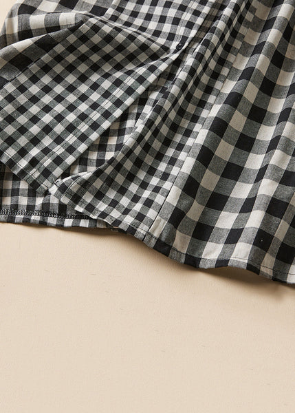 French Plaid Peter Pan Collar Button Linen Shirts Dress Long Sleeve GG064 MZF-FDL240610