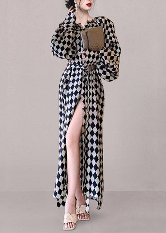 Plaid Waist Long Chiffon Dresses Tie French Fall Pockets FashionChic