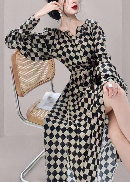 Plaid Waist Long Chiffon Dresses Tie French Fall Pockets FashionChic