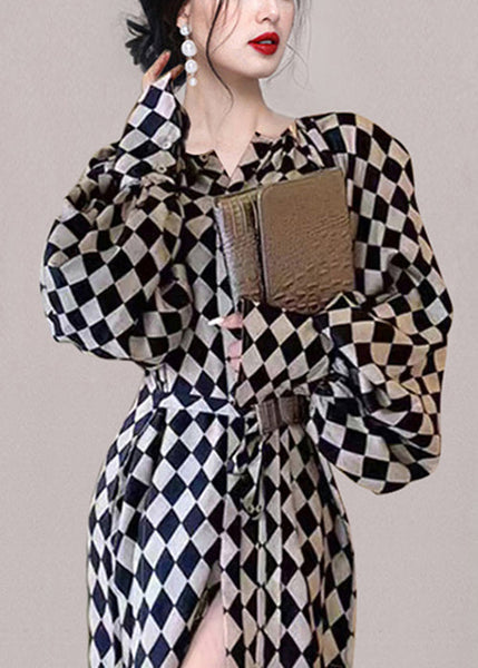 Plaid Waist Long Chiffon Dresses Tie French Fall Pockets FashionChic