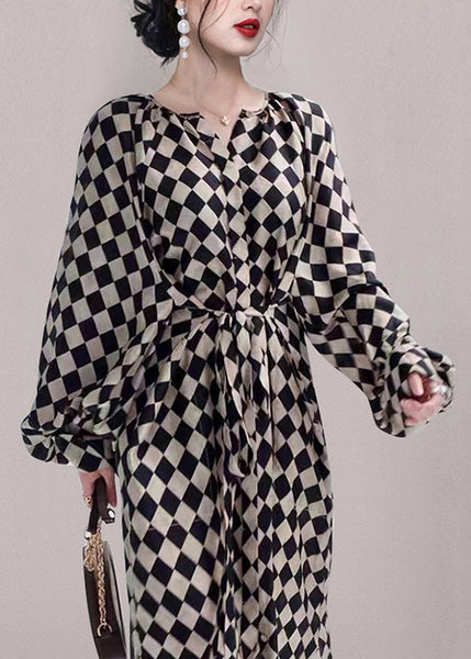 Plaid Waist Long Chiffon Dresses Tie French Fall Pockets FashionChic
