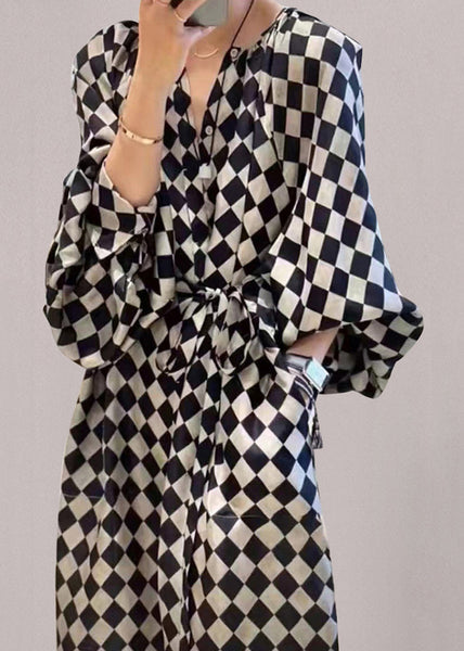 Plaid Waist Long Chiffon Dresses Tie French Fall Pockets FashionChic
