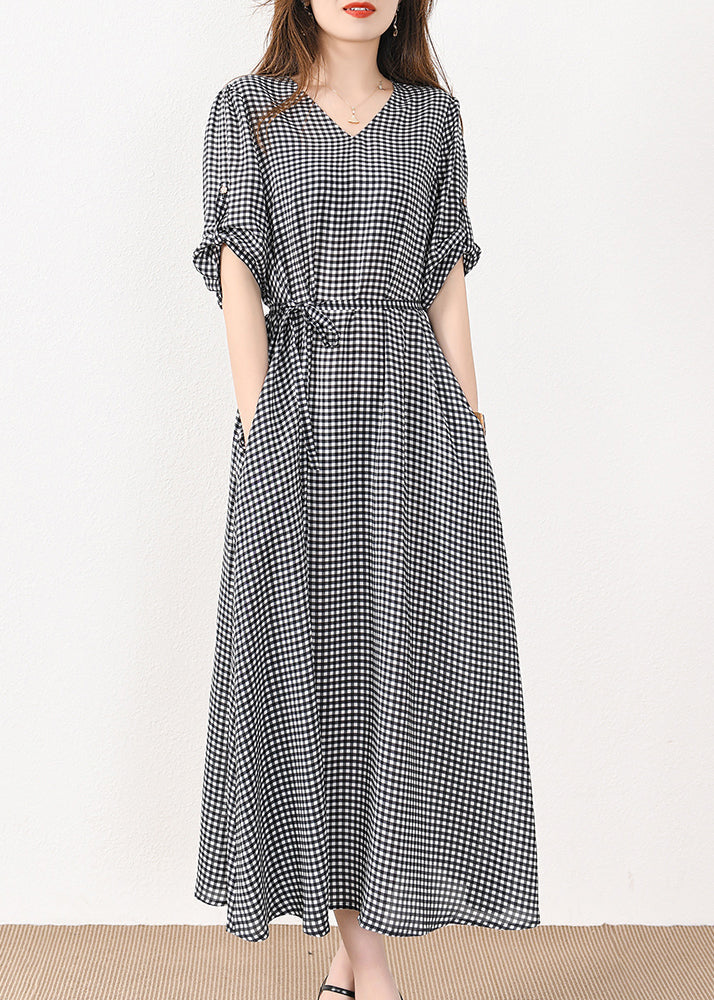 French Plaid Pockets Tie Waist Silk Cotton Long Dresses Half Sleeve MN057 MMDM-SDL240704