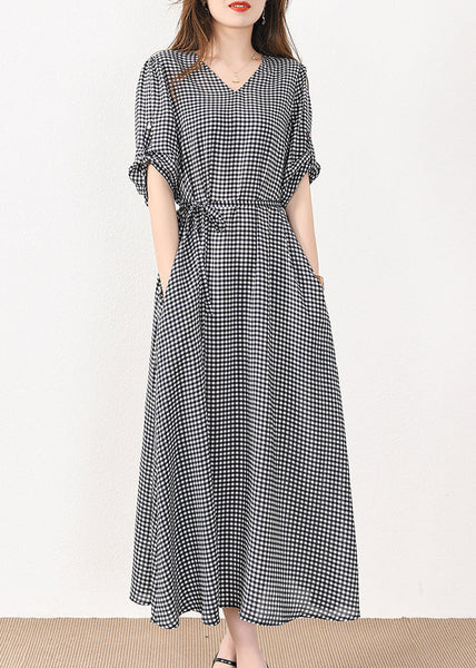 French Plaid Pockets Tie Waist Silk Cotton Long Dresses Half Sleeve MN057 MMDM-SDL240704