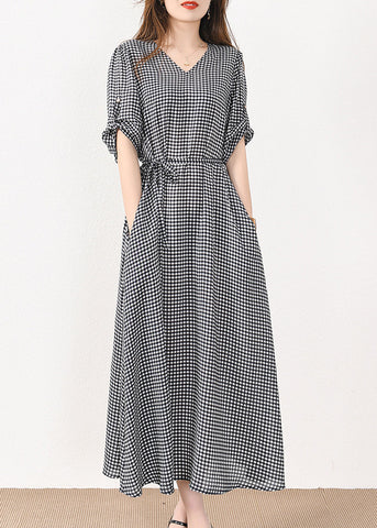 French Plaid Pockets Tie Waist Silk Cotton Long Dresses Half Sleeve MN057 MMDM-SDL240704