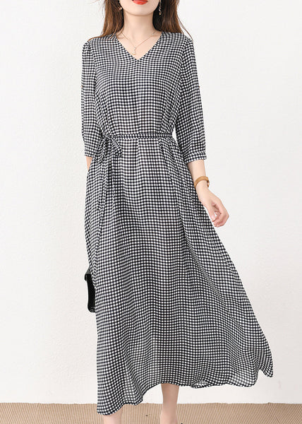 French Plaid Pockets Tie Waist Silk Cotton Long Dresses Half Sleeve MN057 MMDM-SDL240704
