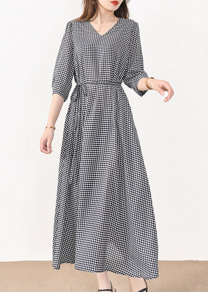 French Plaid Pockets Tie Waist Silk Cotton Long Dresses Half Sleeve MN057 MMDM-SDL240704