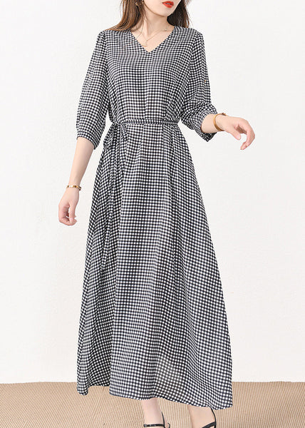 French Plaid Pockets Tie Waist Silk Cotton Long Dresses Half Sleeve MN057 MMDM-SDL240704