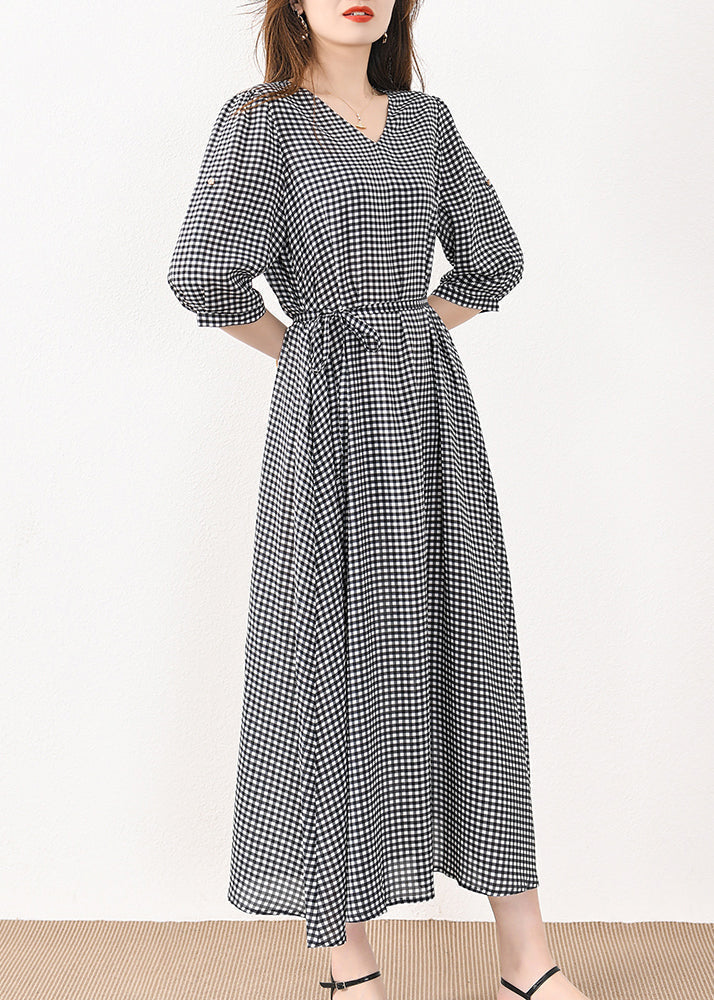 French Plaid Pockets Tie Waist Silk Cotton Long Dresses Half Sleeve MN057 MMDM-SDL240704