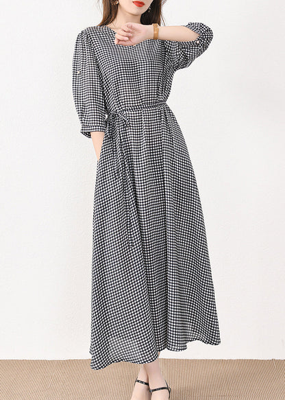 French Plaid Pockets Tie Waist Silk Cotton Long Dresses Half Sleeve MN057 MMDM-SDL240704