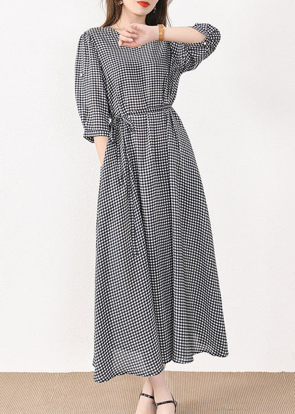 French Plaid Pockets Tie Waist Silk Cotton Long Dresses Half Sleeve MN057 MMDM-SDL240704