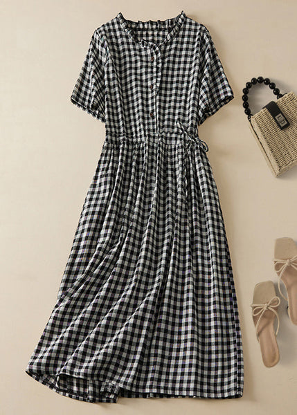 French Plaid Ruffled Lace Up Cotton Shirts Dresses Summer GG054 MZF-SDL240610