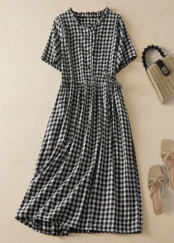 French Plaid Ruffled Lace Up Cotton Shirts Dresses Summer GG054 MZF-SDL240610