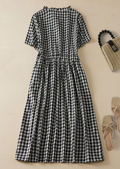 French Plaid Ruffled Lace Up Cotton Shirts Dresses Summer GG054 MZF-SDL240610