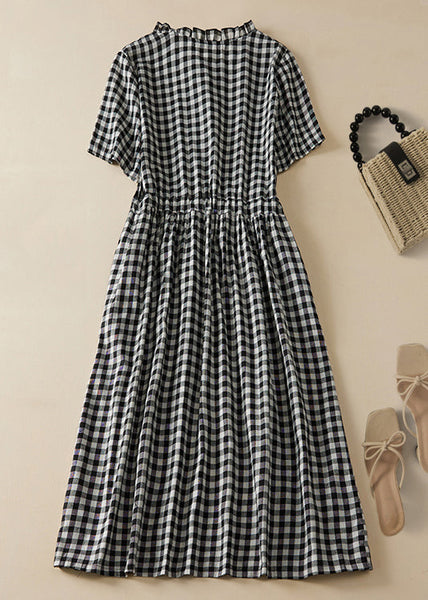 French Plaid Ruffled Lace Up Cotton Shirts Dresses Summer GG054 MZF-SDL240610