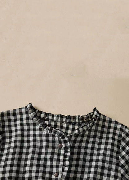 French Plaid Ruffled Lace Up Cotton Shirts Dresses Summer GG054 MZF-SDL240610