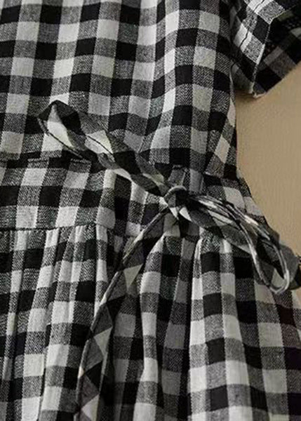 French Plaid Ruffled Lace Up Cotton Shirts Dresses Summer GG054 MZF-SDL240610