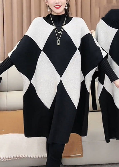 French Plaid Turtleneck Loose Knit Sweater Batwing Sleeve RF026 ABC