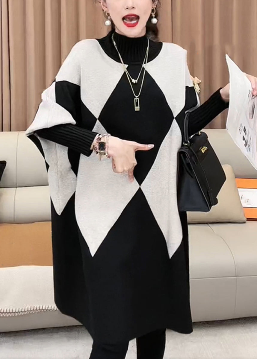 French Plaid Turtleneck Loose Knit Sweater Batwing Sleeve RF026 ABC