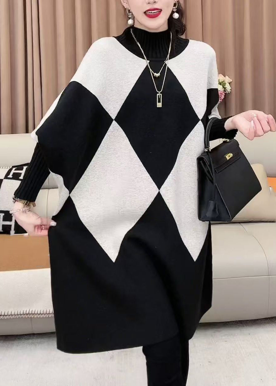 French Plaid Turtleneck Loose Knit Sweater Batwing Sleeve RF026 ABC