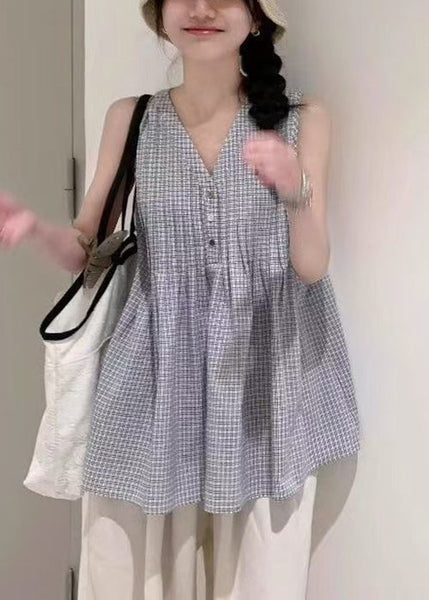 Wrinkled Cotton Shirts Neck Sleeveless Plaid V French FashionChic