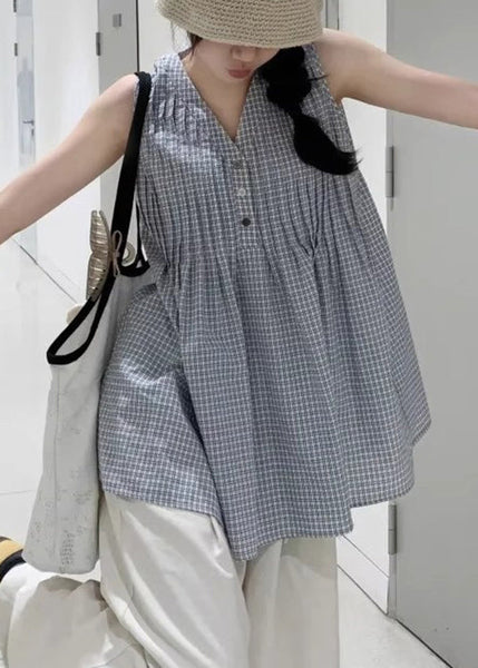 Wrinkled Cotton Shirts Neck Sleeveless Plaid V French FashionChic