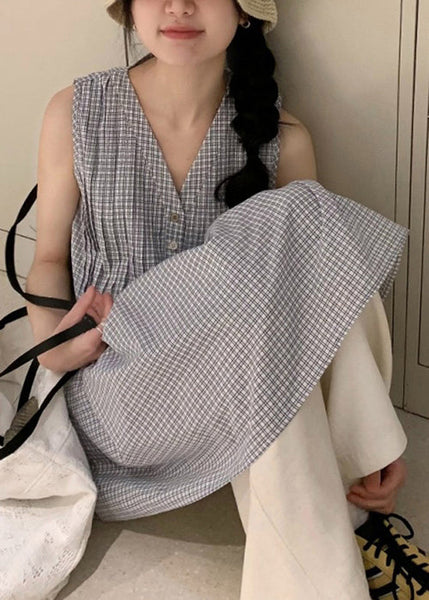 Wrinkled Cotton Shirts Neck Sleeveless Plaid V French FashionChic