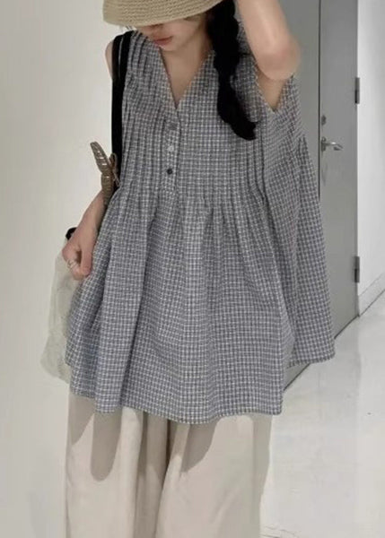 Wrinkled Cotton Shirts Neck Sleeveless Plaid V French FashionChic