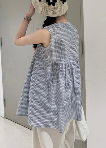 Wrinkled Cotton Shirts Neck Sleeveless Plaid V French FashionChic