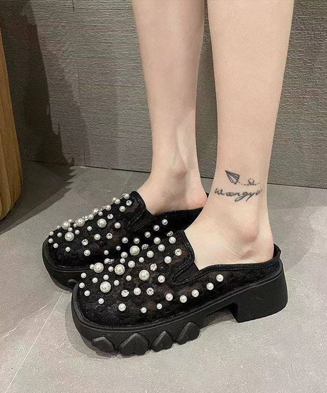 French Platform Slide Sandals Nail Bead Black Breathable Mesh XC1034 Ada Fashion