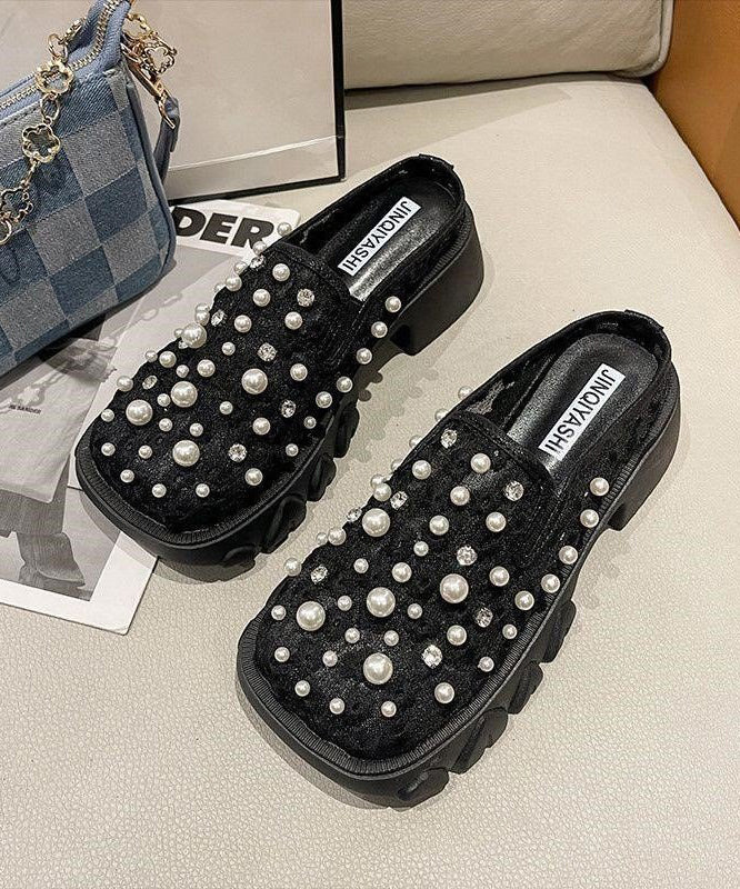 French Platform Slide Sandals Nail Bead Black Breathable Mesh XC1034 Ada Fashion