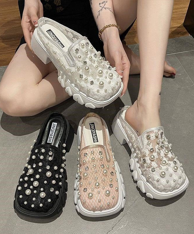 French Platform Slide Sandals Nail Bead Black Breathable Mesh XC1034 Ada Fashion