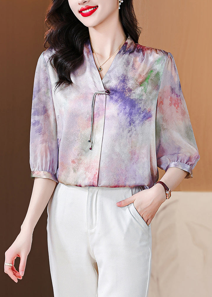 French Purple Button Print Silk Blouse Bracelet Sleeve OP1060 Ada Fashion