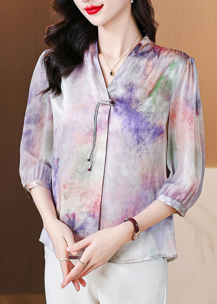 French Purple Button Print Silk Blouse Bracelet Sleeve OP1060 Ada Fashion